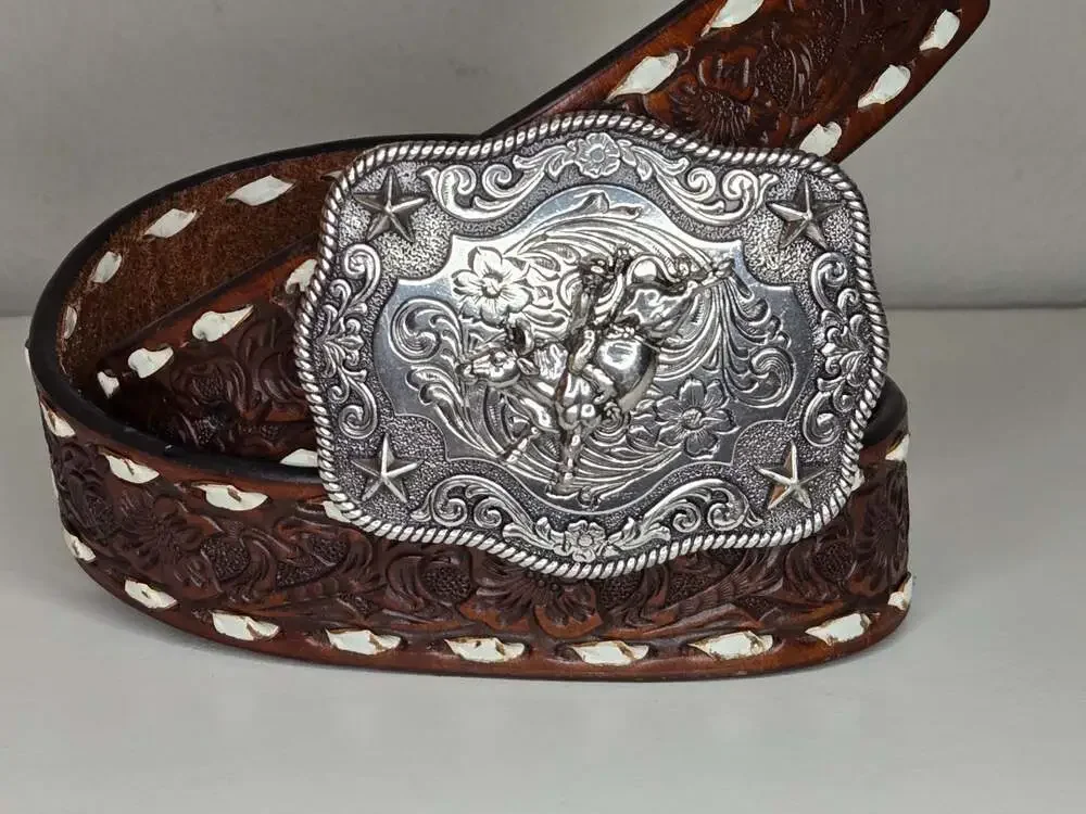 Nocona Boys Floral Embossed Bull Rider Buckle Lacing Western Belt Sz 22 N4436208